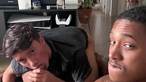 young guy gives first blowjob to muscular black stud