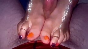 PrettyFeetElite TwinkleToes! Amazing Footjob with Orange and Purple Toes Action