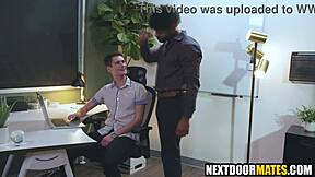 on his first day at the office, he deepthroats a big black cock before rimming and fucking