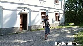 Muscular young 18+ster chris hollander connects outdoors with lusty european partner.