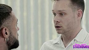 Mafia henchman nik fros dominates submissive twinks andrew connor and noah white with huge cock bareback ass fucking in his penthouse. European hunk commands the group session roughly.