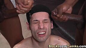 Gay Black Hunk Jizzes on Twink Face in Interracial 3some